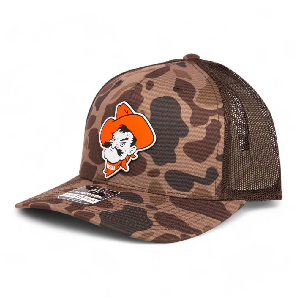 OSU Cowboys Pistol Pete Snapback Trucker Hat- Bark Duck Camo/ Brown